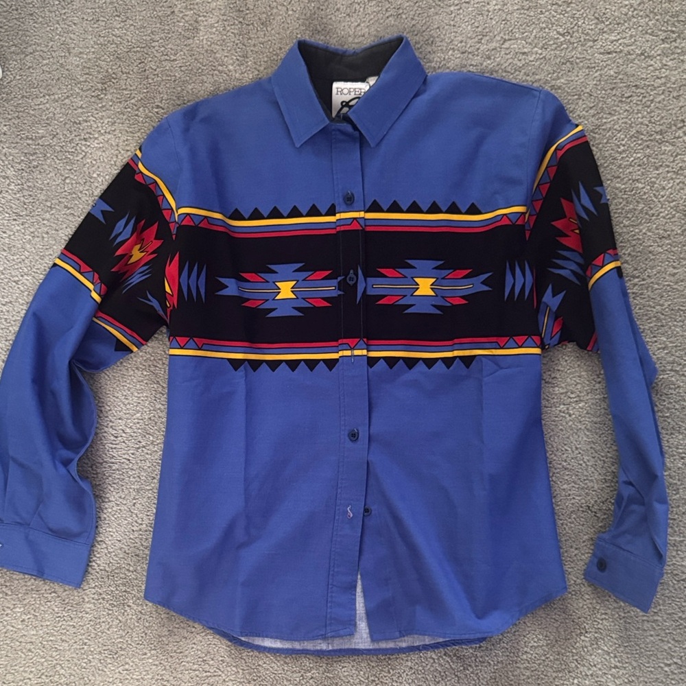 Vintage Roper Western Blue Shirt with Black Accents Size Small